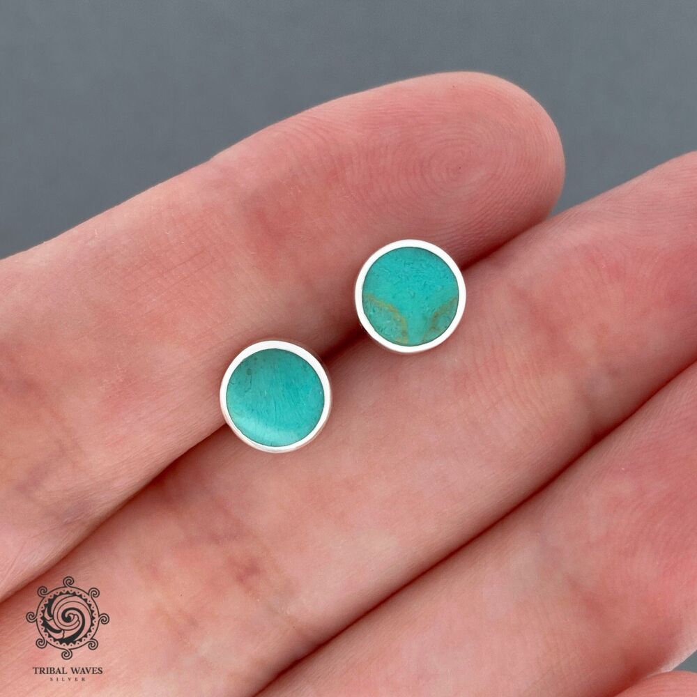 Turquoise  Sterling Silver Stud Earrings 925 Simulated, Round 7.5 mm, USA
